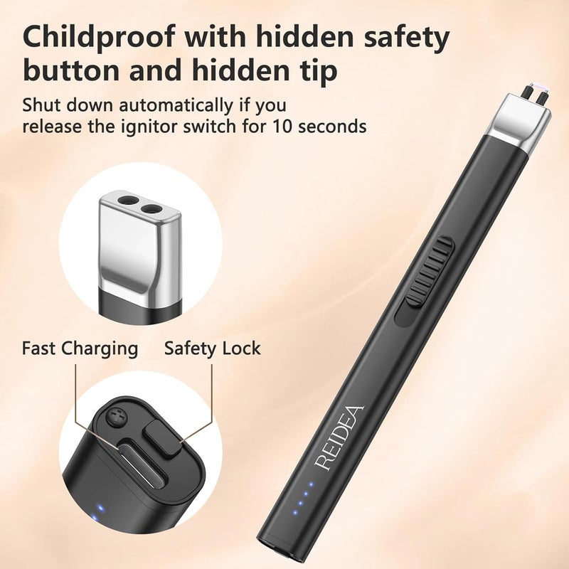 REIDEA ولاعة كهربائية هدية لعشاق الشموع، مقاومة للرياح، بدون لهب، قابلة لإعادة الشحن عبر USB، ولاعة قابلة للسحب مع زر أمان ومؤشر طاقة للشموع والشواء والألعاب النارية، R1 مسطحة، سوداء أوبسيديان - Image 2